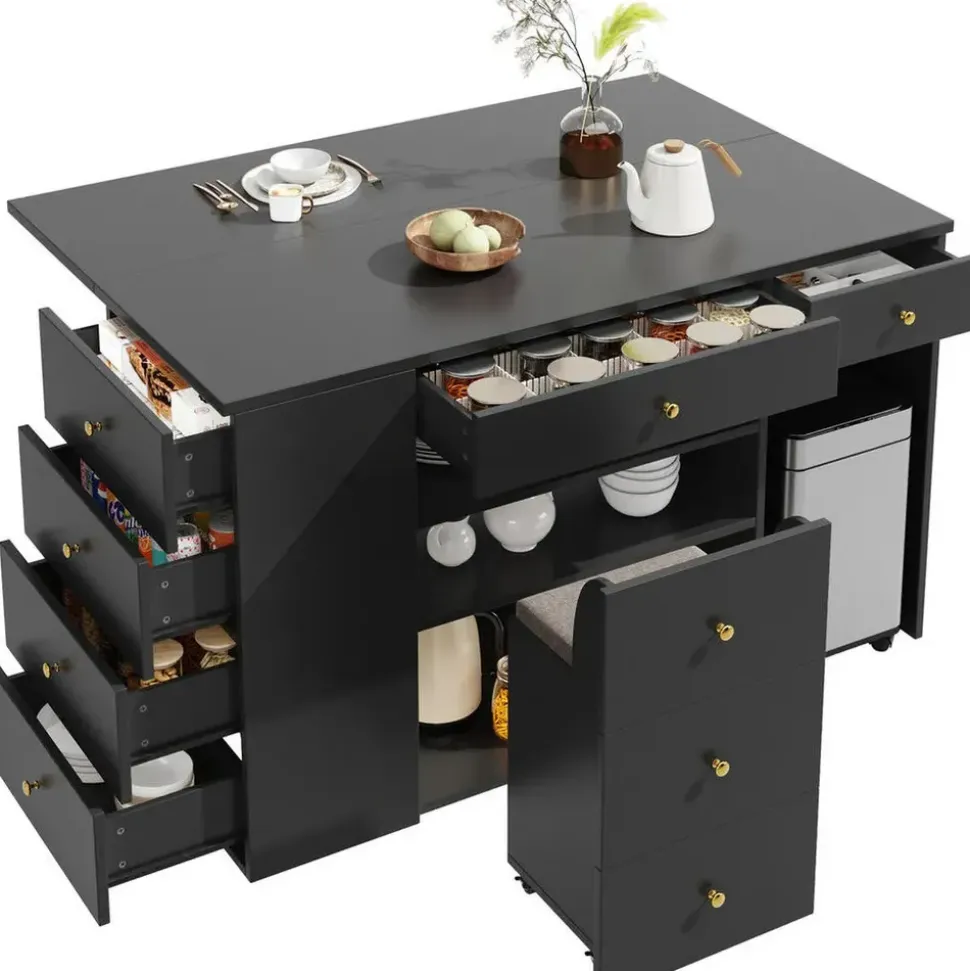Okwish Kücheninsel, Schwarz, Holzwerkstoff, 140x89x70 cm, Küchen, Küchenmöbel, Kücheninseln