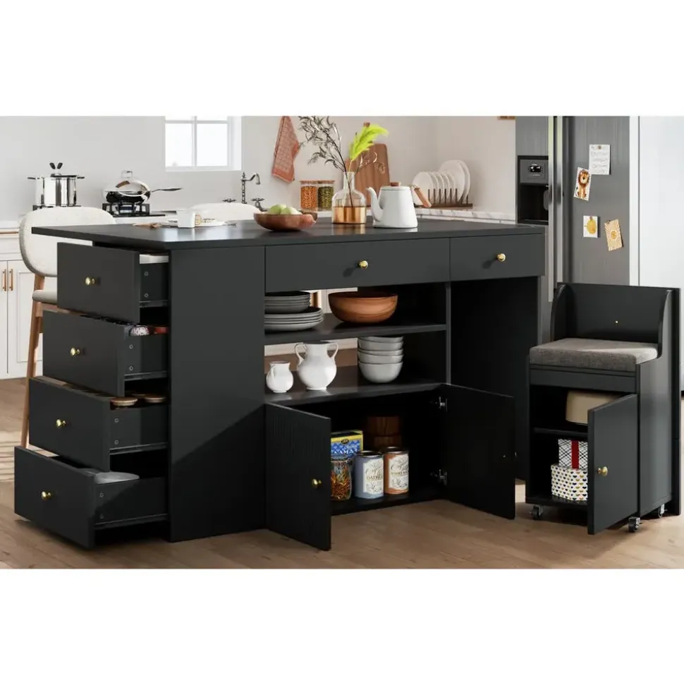 Okwish Kücheninsel, Schwarz, Holzwerkstoff, 140x89x70 cm, Küchen, Küchenmöbel, Kücheninseln