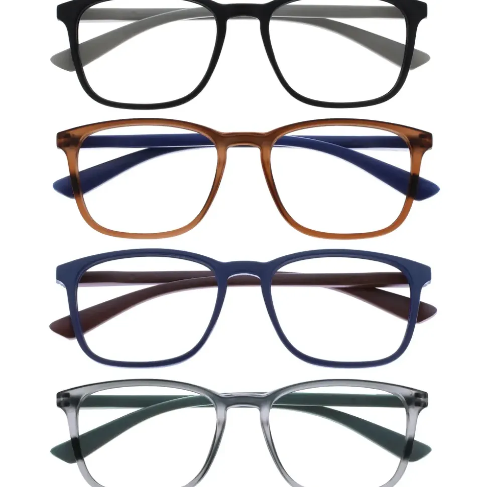 OPULIZE Max Lesebrille 4 Pack - Klassische große rechteckige Fassung - Brillen in mattem Schwarz, Braun, Blau & Grau - Herren Damen Unisex - RRRR78-1237 - +3,50