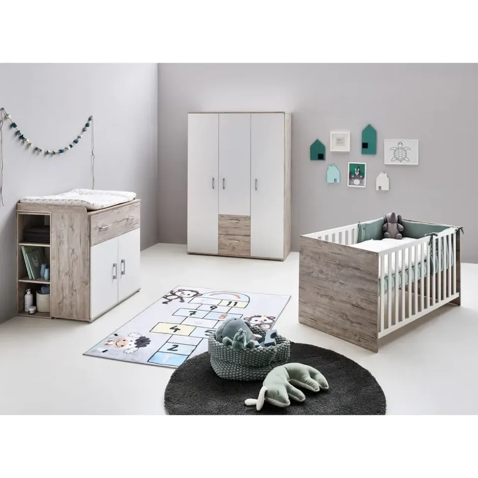 OTTO home Babyzimmer-Komplettset OTTO HOME "Rieke Bis ins Jugendalter, toll für kleine Zimmer", weiß (eiche sand nb, weiß), mit Flachgitter, B/H: 70cm x 140cm,mit Flachgitter, Holzwerkstoff, Massivholz, Schlafzimmermöbel-Sets