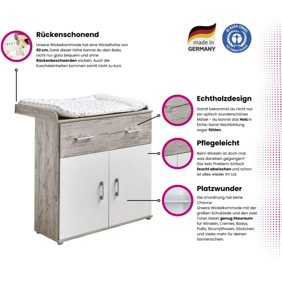 OTTO home Babyzimmer-Komplettset OTTO HOME "Rieke Bis ins Jugendalter, toll für kleine Zimmer", weiß (eiche sand nb, weiß), mit Flachgitter, B/H: 70cm x 140cm,mit Flachgitter, Holzwerkstoff, Massivholz, Schlafzimmermöbel-Sets