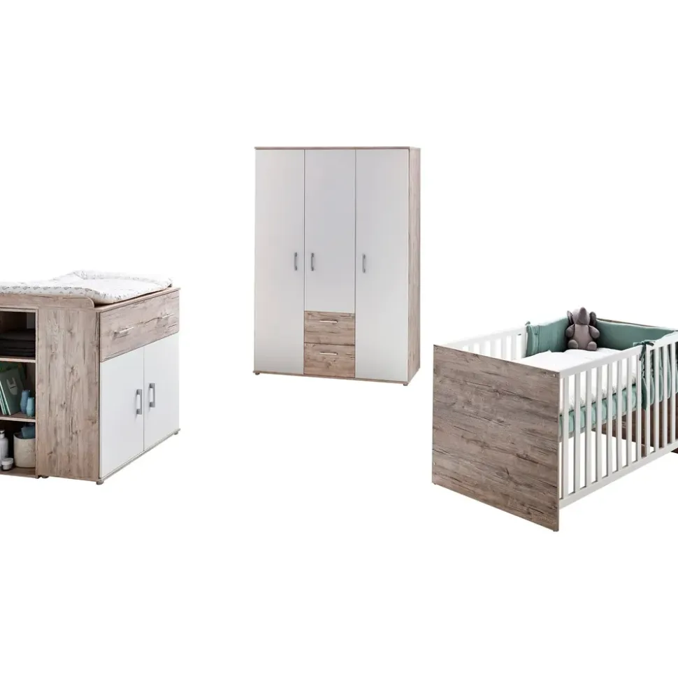 OTTO home Babyzimmer-Komplettset OTTO HOME "Rieke Bis ins Jugendalter, toll für kleine Zimmer", weiß (eiche sand nb, weiß), mit Flachgitter, B/H: 70cm x 140cm,mit Flachgitter, Holzwerkstoff, Massivholz, Schlafzimmermöbel-Sets