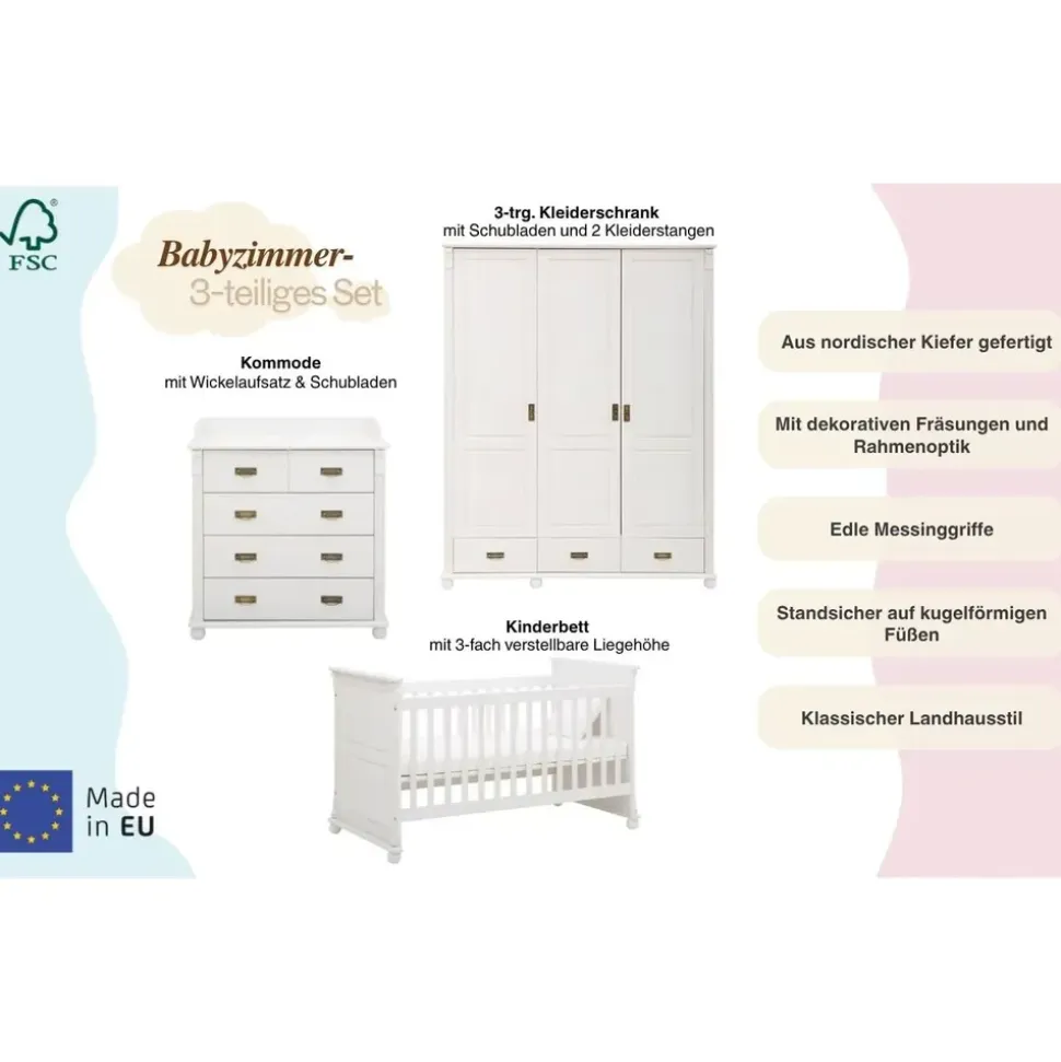 OTTO home Babyzimmer-Komplettset OTTO HOME "Aimo", Landhausstil, stabile Qualität, edles Design, Messinggriffe", Kinder, Gr.