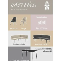 OTTO home Eckbankgruppe Melvin (Set, 4-tlg. Tisch, Bank und 2 Stühle), Taschenfederkern, Tisch (120x75cm) schwarz, Bank und Stühle anthrazit oder beige grau|schwarz