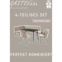 OTTO home Eckbankgruppe Melvin (Set, 4-tlg. Tisch, Bank und 2 Stühle), Taschenfederkern, Tisch (120x75cm) schwarz, Bank und Stühle anthrazit oder beige grau|schwarz