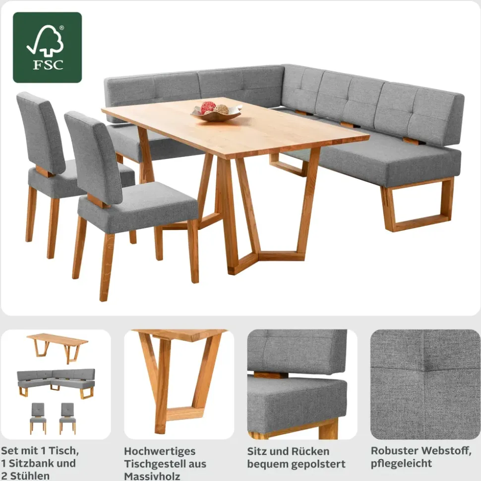OTTO home Eckbankgruppe OTTO HOME "Ponza Eckbank Küchenbank", braun (braun, eiche geölt), langer Schenkel links, Sitzmöbel-Sets, Eckbankgruppe, Sitzgruppe Esszimmer Stühle Tisch und Bank bequem gepolstert