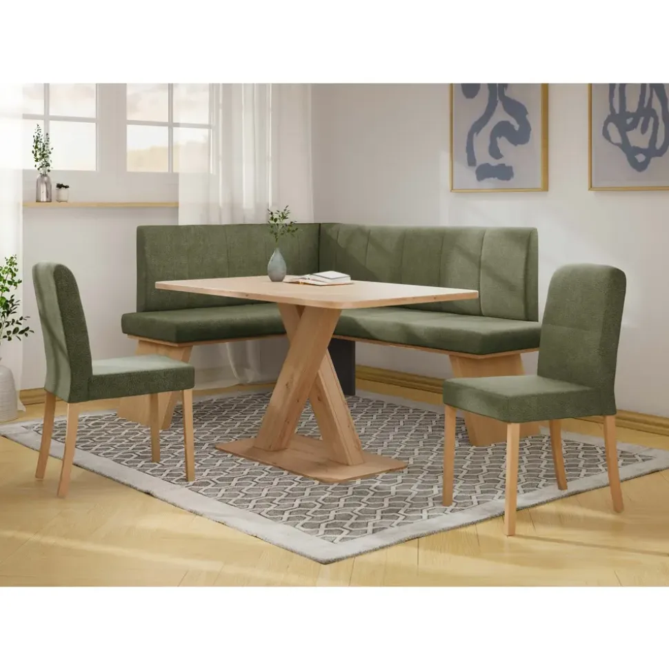 OTTO home Eckbankgruppe OTTO HOME "Nina", grün (mayfly, dekor eiche ontario), B:185cm H:88cm T:150cm, FSC-zertifizierter Holzwerkstoff, FSC-zertifiziertes Massivholz, Polyester, Sitzmöbel-Sets, Eckbankgruppe, Sitzgruppe Esszimmer Stühle Tisch und Bank bequem