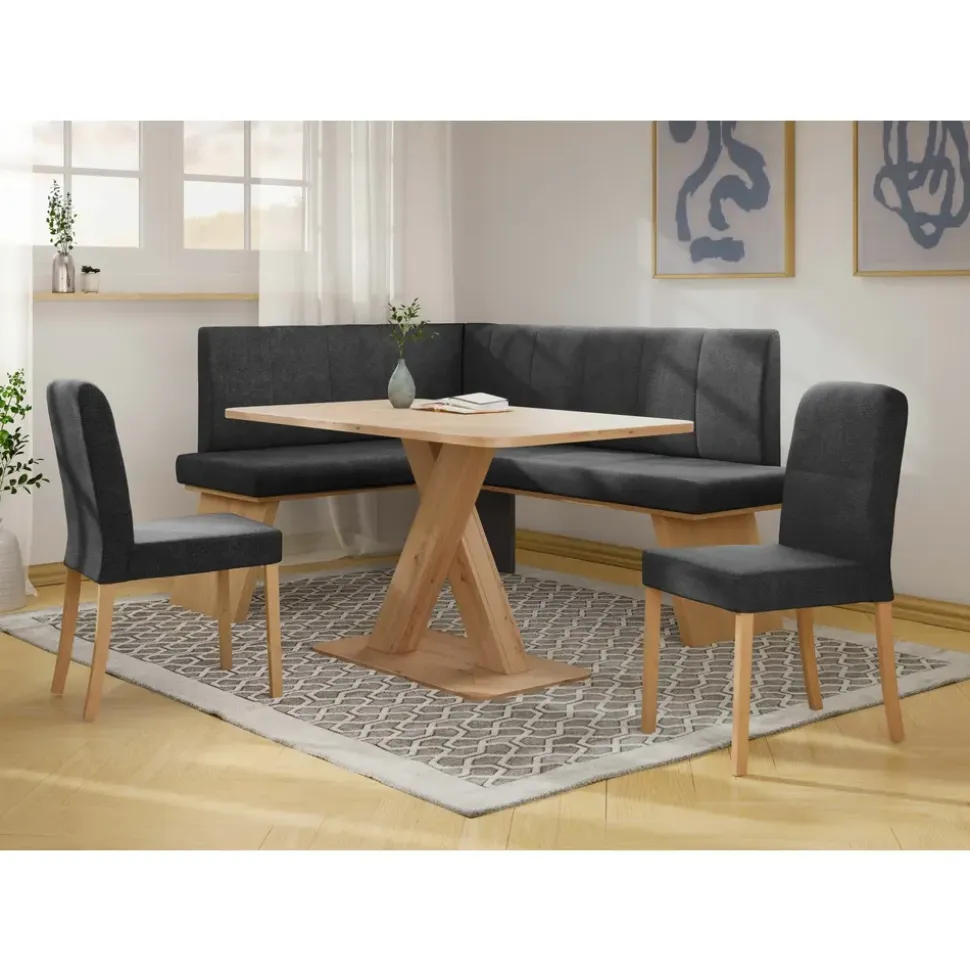 OTTO home Eckbankgruppe OTTO HOME "Nina", schwarz (jet schwarz, dekor eiche ontario), B:185cm H:88cm T:150cm, 90% PES, 5% Nylon, 5% Rayon, Sitzmöbel-Sets, Eckbankgruppe, Sitzgruppe Esszimmer Stühle Tisch und Bank bequem gepolstert