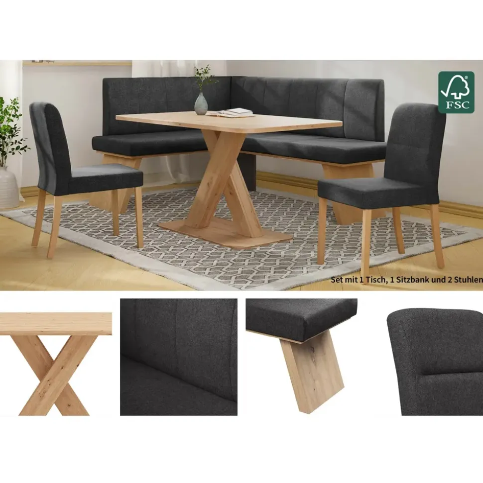 OTTO home Eckbankgruppe OTTO HOME "Nina", schwarz (jet schwarz, dekor eiche ontario), B:185cm H:88cm T:150cm, 90% PES, 5% Nylon, 5% Rayon, Sitzmöbel-Sets, Eckbankgruppe, Sitzgruppe Esszimmer Stühle Tisch und Bank bequem gepolstert