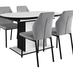 OTTO home Essgruppe OTTO HOME "Basel, Tischgruppe mit 4 Stühlen, Esstisch ausziehbar 140 - 180 cm", grau (weiß, hellgrau), Webstoff, Auszugsplatte, Sitzmöbel-Sets, Essgruppe, BESTSELLER, Sitzgruppe, Tisch, Stühle, ovale Tischplatte, Säulentisch