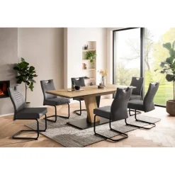OTTO home Essgruppe OTTO HOME "Altona", Esstisch ausziehbar plus 6 Stühle", eiche, anthrazit, anthrazit, schwarz, Microfaser, Synchron-Auszug, Sitzmöbel-Sets, Essgruppe, Säulentisch 140-180x90 cm, Stuhl mit Federkorb, 140 kg belastbar, Topseller