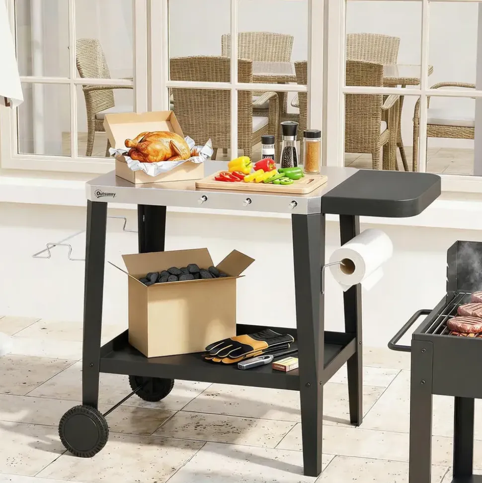Outsunny Grillwagen, Schwarz Metall, 67.5x80.5x115 cm Grills & Outdoor-Küchen, Holzkohlegrills
