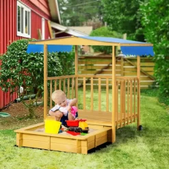 Outsunny Holzsandkasten mit Spielhaus und Dach beige