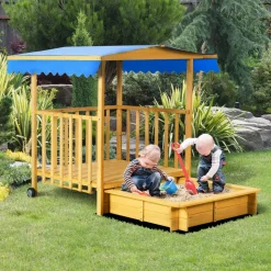Outsunny Holzsandkasten mit Spielhaus und Dach beige