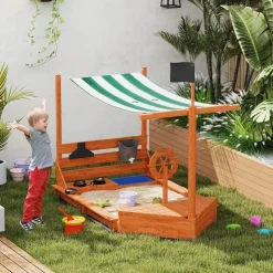 Outsunny Sandkasten mit Abdeckung im Schiff Design Grün