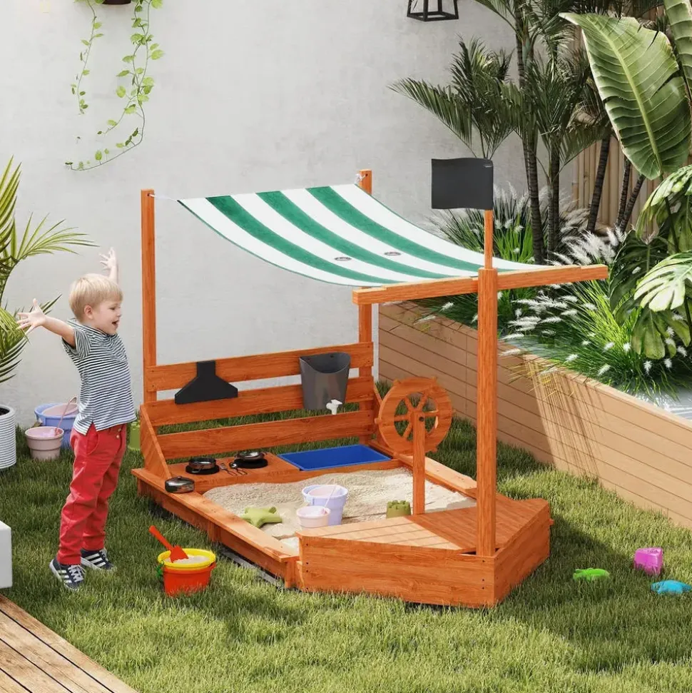 Outsunny Sandkasten mit Abdeckung im Schiff Design Grün