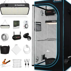 plantigrow Growbox Komplettset 150W LED Vollspektrum Dimmbar, Carbon-Filter, Ventilator, 60 x 60 x 180 cm Schwarz