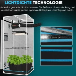 plantigrow Growbox Komplettset 150W LED Vollspektrum Dimmbar, Carbon-Filter, Ventilator, 60 x 60 x 180 cm Schwarz