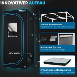 plantigrow Growbox Komplettset 150W LED Vollspektrum Dimmbar, Carbon-Filter, Ventilator, 60 x 60 x 180 cm Schwarz
