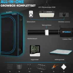 plantigrow Growbox Komplettset 150W LED Vollspektrum Dimmbar, Carbon-Filter, Ventilator, 60 x 60 x 180 cm Schwarz