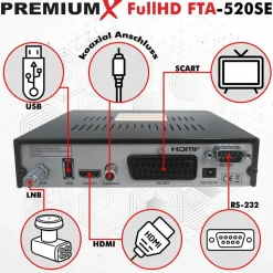 Premium X PremiumX HD 520SE FTA Digital SAT Receiver DVB-S2 HDMI SCART USB Multimedia-Player, Astra Hotbird vorprogrammiert