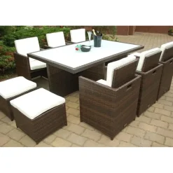 Ragnarök-Möbeldesign PolyRattan Essgruppe DEUTSCHE Marke - EIGNENE Produktion Tisch + 6 Stuhl & 4 Hocker - 8 Jahre GARANTIE - Garten Möbel incl. Glas und Sitzkissen braun