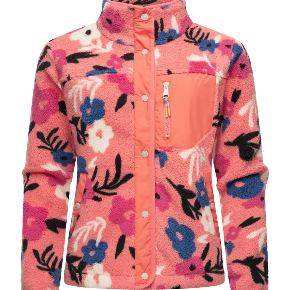 Ragwear Damen, Plüschjacke im Blumenmuster kurze Teddyfleece-Jacke warm mit hohem Kragen und Brusttasche Appopis Print Coral Gr.