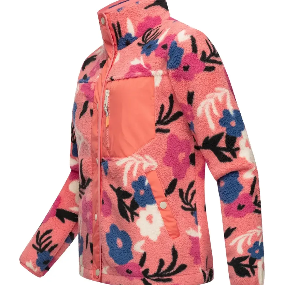Ragwear Damen, Plüschjacke im Blumenmuster kurze Teddyfleece-Jacke warm mit hohem Kragen und Brusttasche Appopis Print Coral Gr.