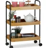 Relaxdays Bambus Rollwagen, 3 Ablagen, natürliche Optik, 360° drehbare Rollen, Stahl, HxBxT: 70x50x28cm, Natur/schwarz