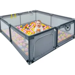 Relaxdays Laufstall Baby, 200 x 200 cm, Laufgitter, 50 Bällen, 2 Laufstallringe, sichere Spielecke, Oxford-Gewebe, grau
