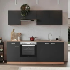 Respekta Küchenzeile Gerda 210 cm E-Geräte Glaskeramikkochfeld grau/buche nachbildung