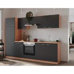 Respekta Küchenzeile Gerda 270 cm E-Geräte Glaskeramikkochfeld grau/buche nachbildung