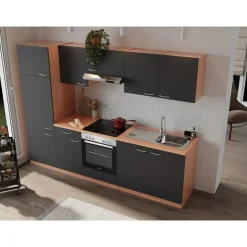 Respekta Küchenzeile Gerda 270 cm E-Geräte Glaskeramikkochfeld grau/buche nachbildung
