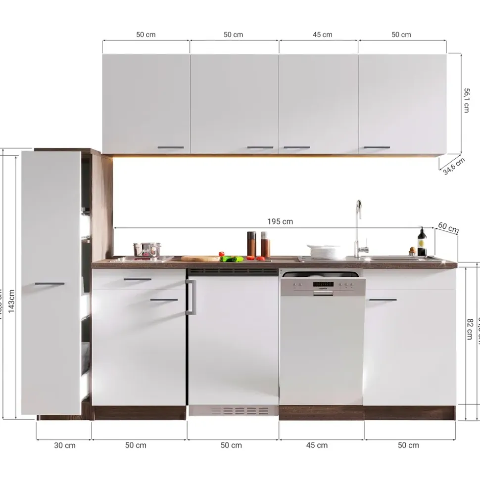 Respekta Küchenzeile Oliver 225 cm E-Geräte weiß