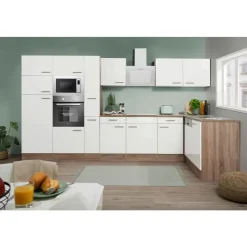 Respekta Winkelküche Oliver L-Form 370 x 172 cm E-Geräte weiß seidenglanz/eiche york nachbildung