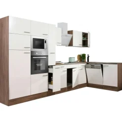 Respekta Winkelküche Oliver L-Form 370 x 172 cm E-Geräte weiß seidenglanz/eiche york nachbildung