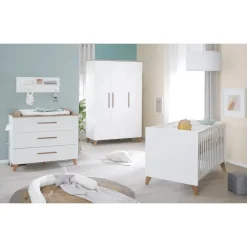 roba Kinderzimmer Set 3-teilig Ole - Kinderbett 70 x 140 cm umbaubar + Wickelkommode mit 3 Schubladen + Kinderkleiderschrank - Griffe & Füße aus Massivholz - Weiß/Dunkle Eiche