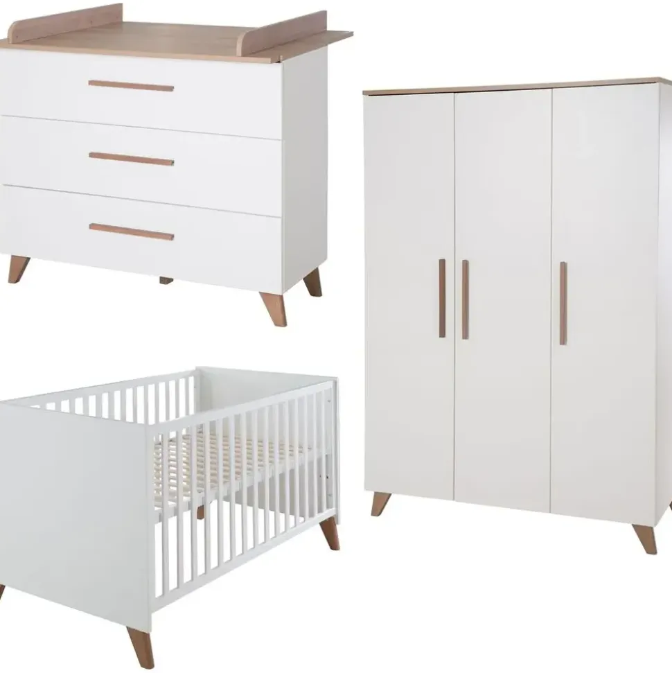 roba Kinderzimmer Set 3-teilig Ole - Kinderbett 70 x 140 cm umbaubar + Wickelkommode mit 3 Schubladen + Kinderkleiderschrank - Griffe & Füße aus Massivholz - Weiß/Dunkle Eiche
