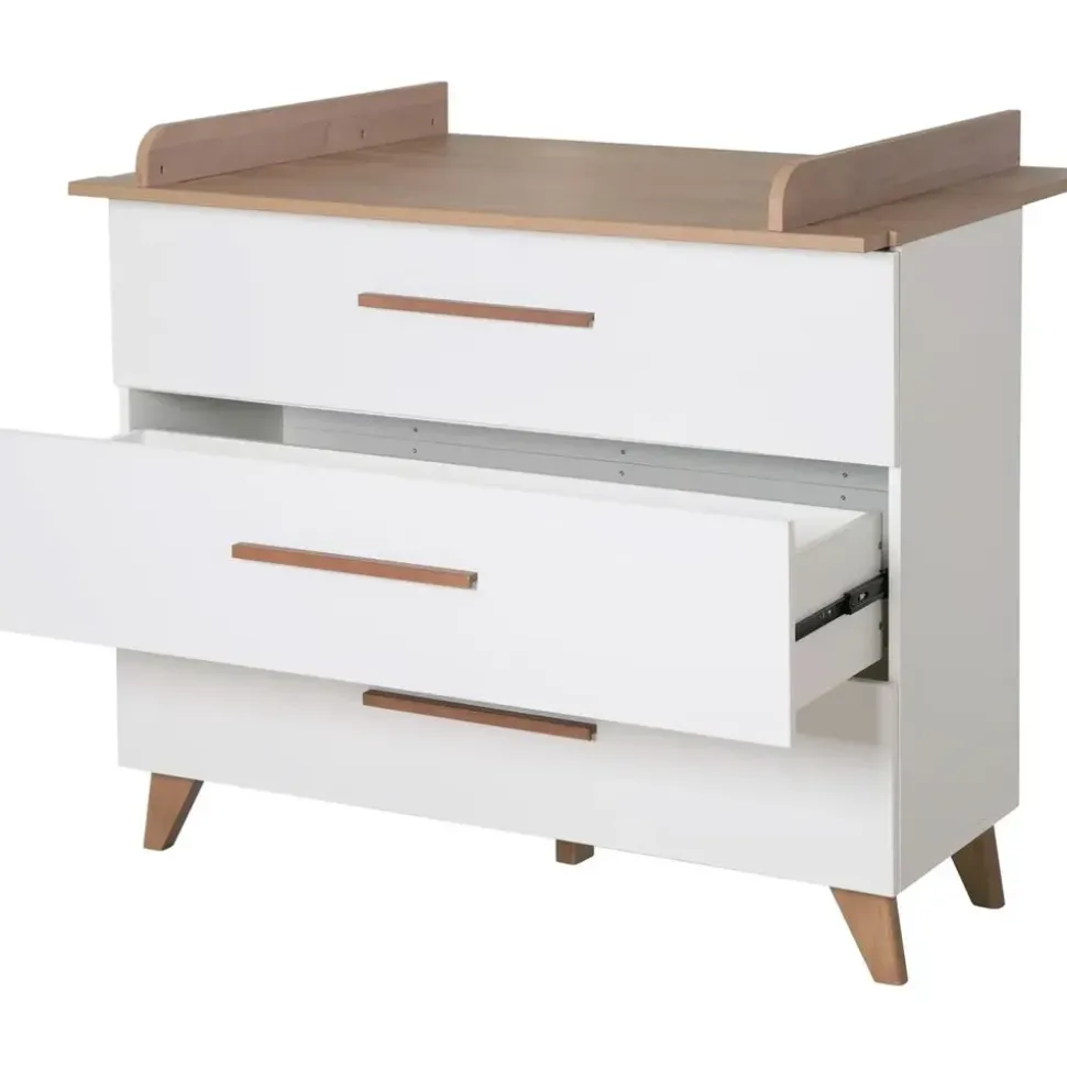 roba Kinderzimmer Set 3-teilig Ole - Kinderbett 70 x 140 cm umbaubar + Wickelkommode mit 3 Schubladen + Kinderkleiderschrank - Griffe & Füße aus Massivholz - Weiß/Dunkle Eiche