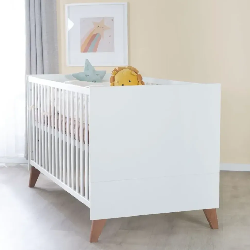 roba Kinderzimmer Set 3-teilig Ole - Kinderbett 70 x 140 cm umbaubar + Wickelkommode mit 3 Schubladen + Kinderkleiderschrank - Griffe & Füße aus Massivholz - Weiß/Dunkle Eiche