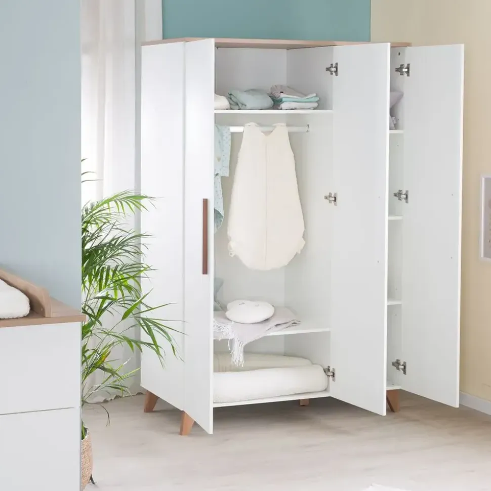 roba Kinderzimmer Set 3-teilig Ole - Kinderbett 70 x 140 cm umbaubar + Wickelkommode mit 3 Schubladen + Kinderkleiderschrank - Griffe & Füße aus Massivholz - Weiß/Dunkle Eiche