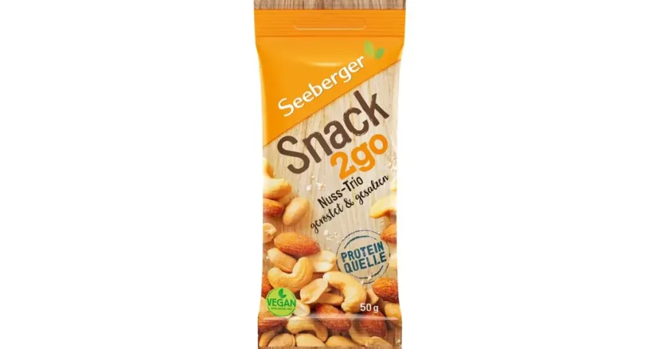 Seeberger Nussmischung Snack 2go, Nuss-Trio: Nuss-Kern-Mischung aus knackigen Mandeln, Erdnüssen und gesalzen, 3 Nusssorten, je 50 g,