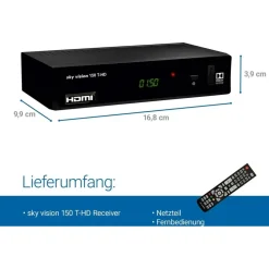 Sky Vision 150 T-HD, 1080p HDTV DVB-T2 Receiver, USB, HDMI, SCART, Coaxial - Schwarz