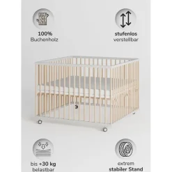 Sämann Sämann® – make a difference. Laufgitter, Weiß, Natur, Holz, Echtholz,Buche, 100x74x100 cm, Babymöbel, Laufstall, Baby