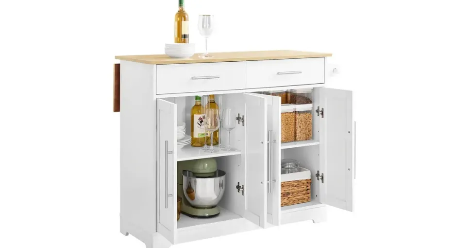 SoBuy Kücheninsel mit ausziehbarer Arbeitsplatte, Weiß-Natur 113x91x(44-69) cm