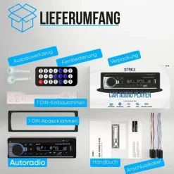 strex Autoradio Bluetooth für alle Fahrzeuge - USB, AUX und Freisprecheinrichtung - Fernbedienung, - EIN-DIN-Autoradio mit integriertem Mikrofon