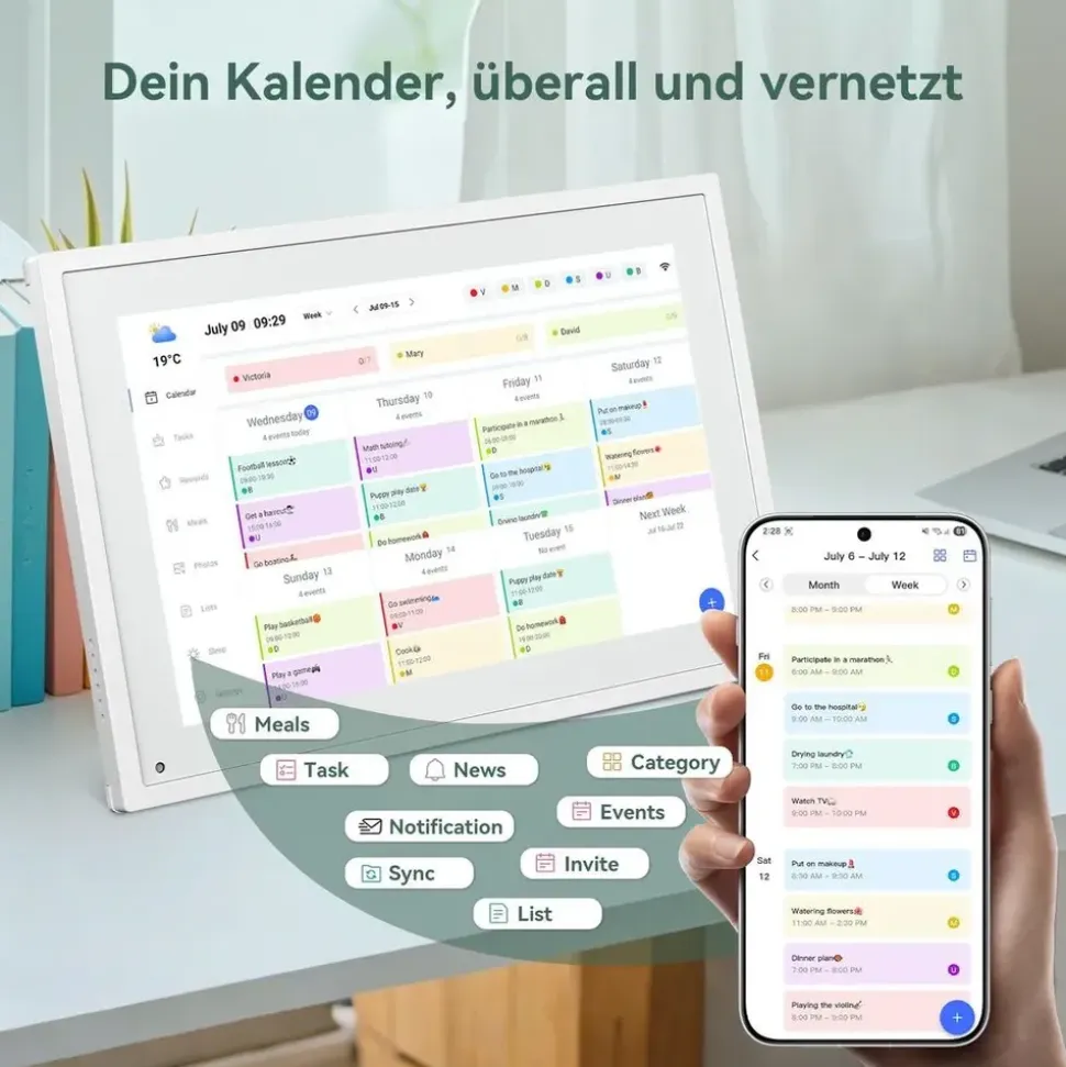 tabwee P10 10,1 Zoll Digitaler Kalender und Desktop Bilderrahmen mit Touchscreen, WLAN, 1280x800, 16:10, Multi-Device-Sync und Sharing, - Weiß