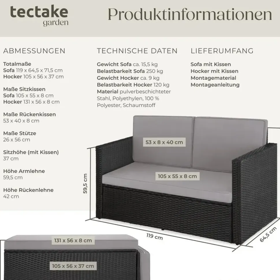 Tectake Korfu Rattan Lounge 2-Sitzer schwarz