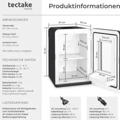 Tectake Mini-Kühlschrank 2 in 1 27 l 31 cm hoch Schwarz