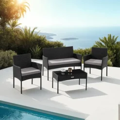 Tectake Rattan Gartenset 4-tlg. Schwarz